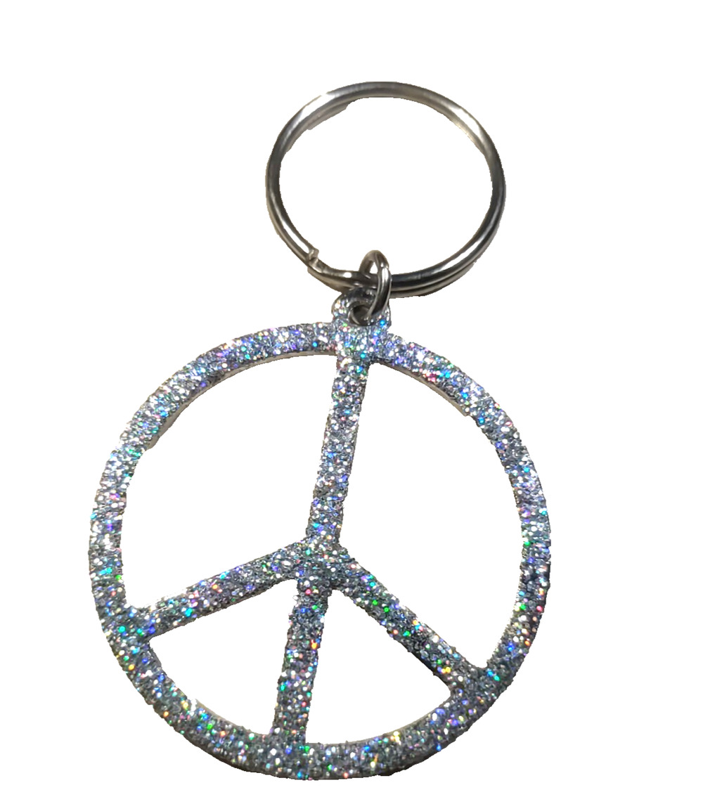Peace Sign Keychain Glitter Shiny 1960's Design Sparkles